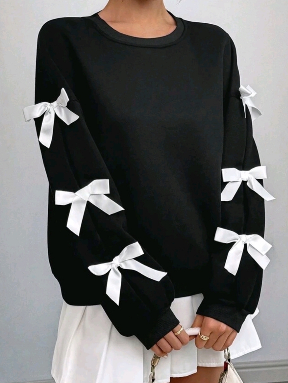 Black Sweatshirt with White Bow Accent